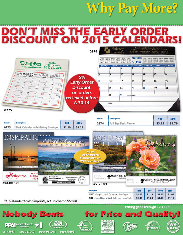 2015 Desk Planners and Calendars, Order Early, Save 5!