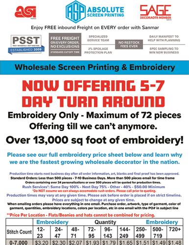 Now Offering 5-7 Day Turn Around on Embroidery