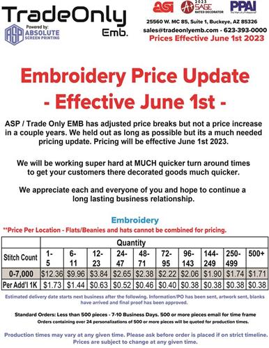 Embroidery Price Update