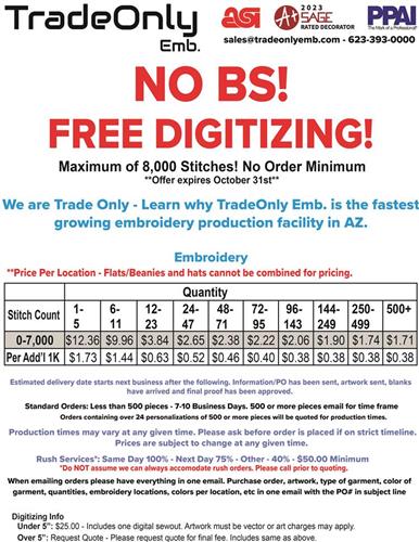 NO BS! FREE Digitizing!