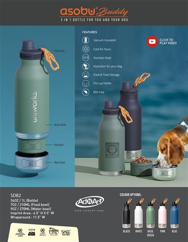 Asobu Buddy IN STOCK NOW! The first ever 3 in 1 item for you and your dog. Water Bottle for you, Water & Snack Bowl for your dog. Show your clients today for any Summer event!