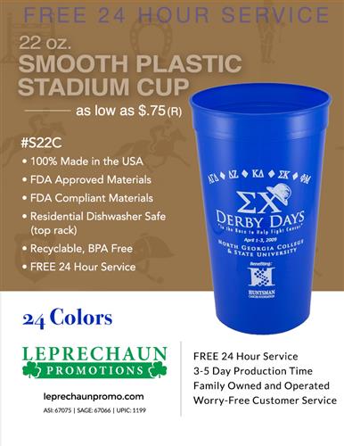 Smooth Wall Stadium Cup Sale w/Free 24 Hr Svc from Leprechaun