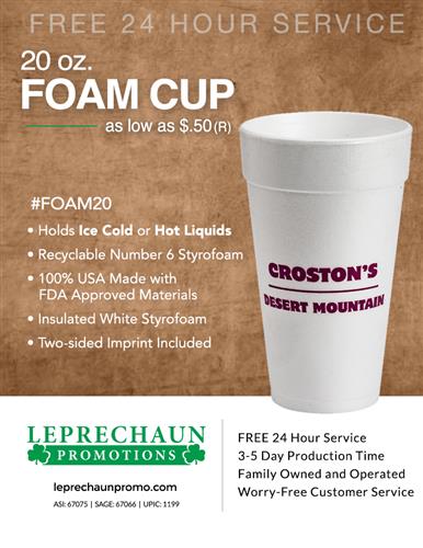 Disposable Foam Cups, 8 Sizes w/Free 24 Hr Svc from Leprechaun
