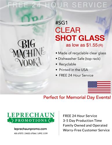 Glass Shot Glass Special w/Free 24 Hr Svc from Leprechaun
