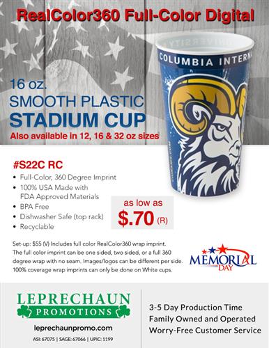 Budget Priced Full Color, Full Coverage Stadium Cups from Leprechaun