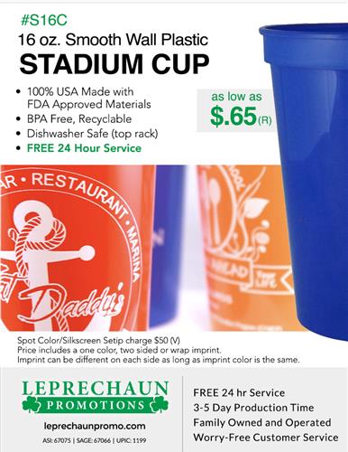 Sale on 16oz Stadium Cups w/Free 24Hr. Svc from Leprechaun