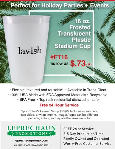 Frosted Stadium Cup Sale for Your Holiday Events w/Free 24 Hr Svc