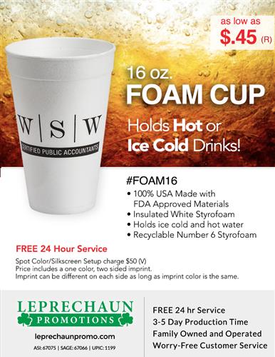 Hot-Cold Foam Cups w/Free 24 Hr Svc from Leprechaun