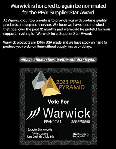 Vote WARWICK for PPAI Supplier Star