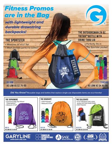 Fitness Promos are in the Bag with Lightweight and Durable Drawstring Backpacks! Add a Water Bottle for Hydration Motivation!