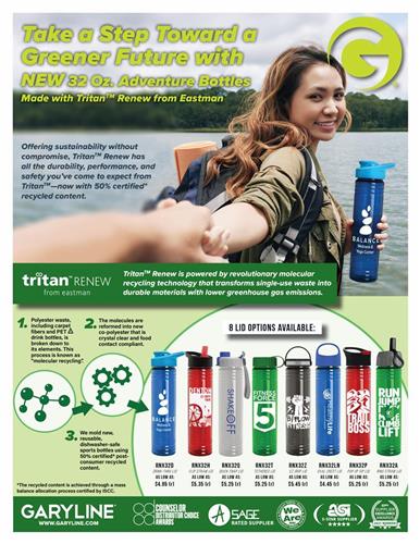 NEW 32oz. Adventure Bottles Made with TritanTM Renew from Eastman! Sustainability without Compromise – Perfect for Earth Day Promotions!