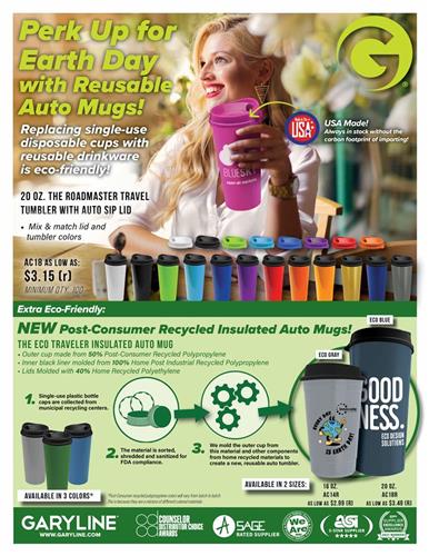 Perk Up for Earth Day with USA-Made Reusable Auto Mugs! Choose our NEW Extra Eco-Friendly Post-Consumer Recycled Auto Mugs for Your April 22 Promos!