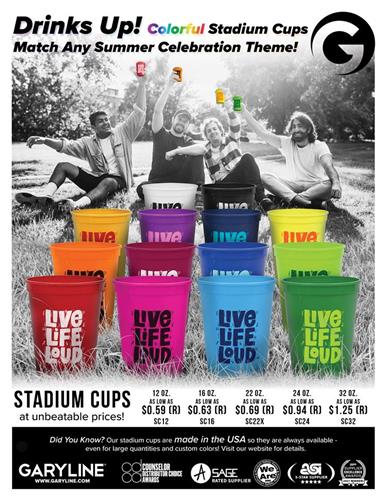 Drinks Up! Colorful Stadium Cups  Made in the USA, and Always In Stock!