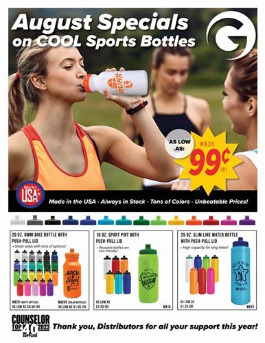 August Specials on COOL Sport Bottles! USA Made - Always in Stock - Tons of Colors